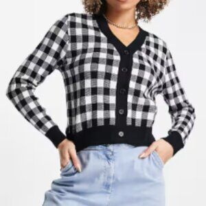 v neck Black and white checkered cardigan